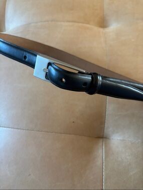 Paul Stuart Black Leather Belt with Rectangular Silver-Tone Buckle